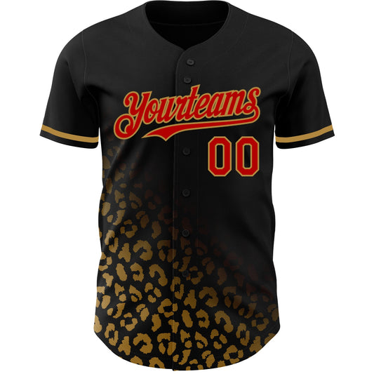 Custom Black Red-Old Gold 3D Pattern Design Leopard Print Fade Fashion Authentic Baseball Jersey - Sky-Custom