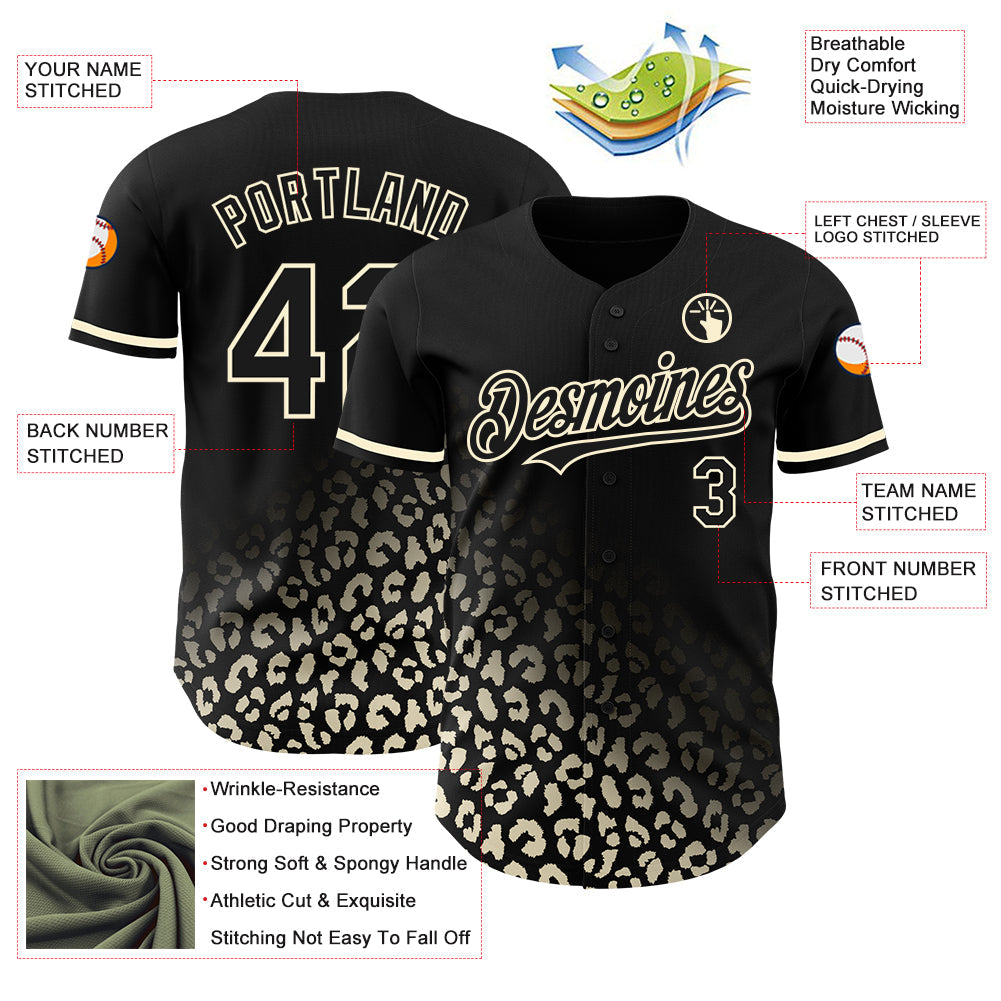Custom Black Cream 3D Pattern Design Leopard Print Fade Fashion Authentic Baseball Jersey - Sky-Custom