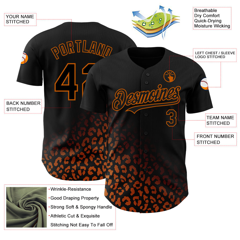 Custom Black Texas Orange 3D Pattern Design Leopard Print Fade Fashion Authentic Baseball Jersey - Sky-Custom