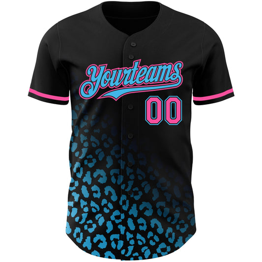Custom Black Pink-Sky Blue 3D Pattern Design Leopard Print Fade Fashion Authentic Baseball Jersey - Sky-Custom