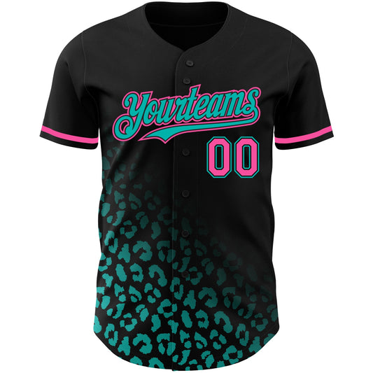 Custom Black Pink-Aqua 3D Pattern Design Leopard Print Fade Fashion Authentic Baseball Jersey - Sky-Custom