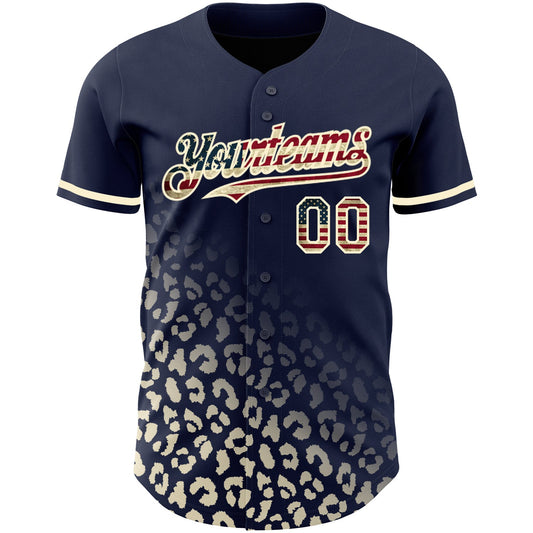 Custom Navy Vintage USA Flag-Cream 3D Pattern Design Leopard Print Fade Fashion Authentic Baseball Jersey - Sky-Custom