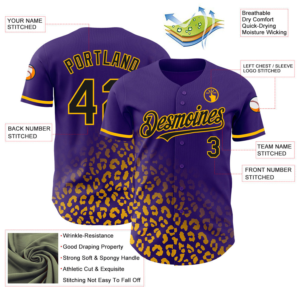Custom Purple Black-Gold 3D Pattern Design Leopard Print Fade Fashion Authentic Baseball Jersey - Sky-Custom