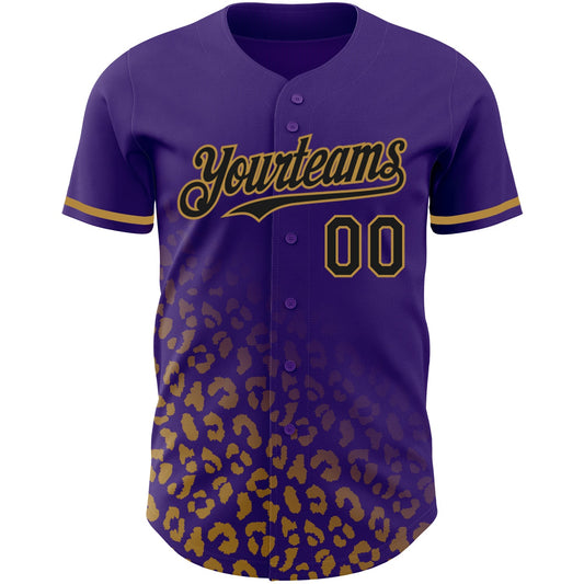 Custom Purple Black-Old Gold 3D Pattern Design Leopard Print Fade Fashion Authentic Baseball Jersey - Sky-Custom