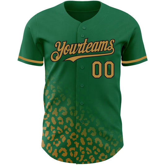 Custom Kelly Green Old Gold-Black 3D Pattern Design Leopard Print Fade Fashion Authentic Baseball Jersey - Sky-Custom