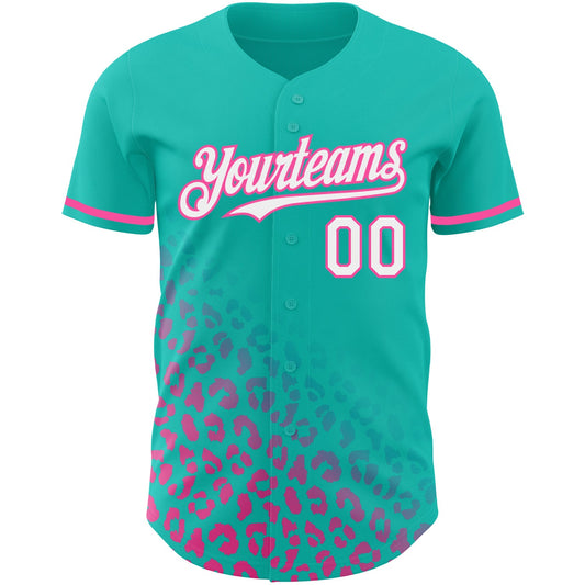 Custom Teal White-Pink 3D Pattern Design Leopard Print Fade Fashion Authentic Baseball Jersey - Sky-Custom