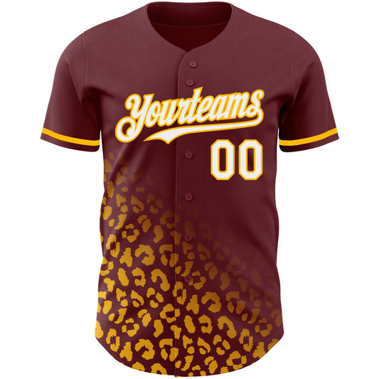 Custom Burgundy White-Gold 3D Pattern Design Leopard Print Fade Fashion Authentic Baseball Jersey - Sky-Custom