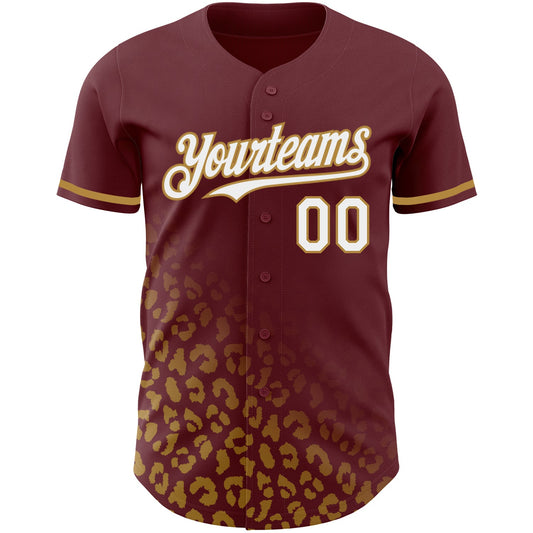 Custom Burgundy White-Old Gold 3D Pattern Design Leopard Print Fade Fashion Authentic Baseball Jersey - Sky-Custom