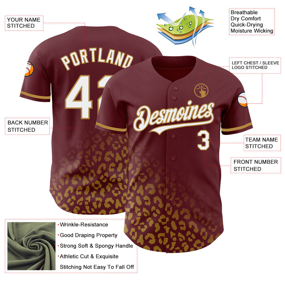 Custom Burgundy White-Old Gold 3D Pattern Design Leopard Print Fade Fashion Authentic Baseball Jersey - Sky-Custom