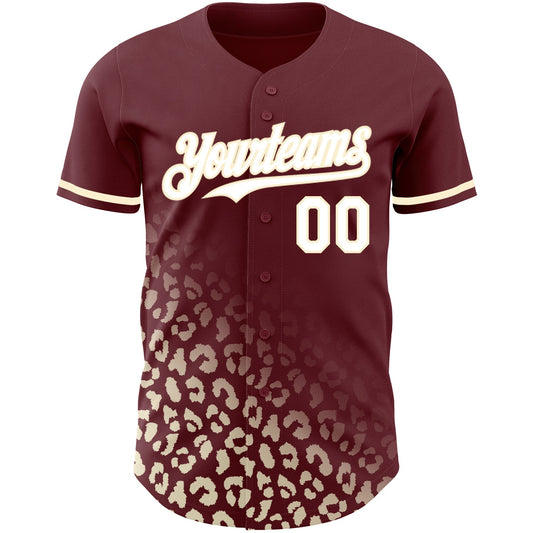 Custom Burgundy White-Cream 3D Pattern Design Leopard Print Fade Fashion Authentic Baseball Jersey - Sky-Custom