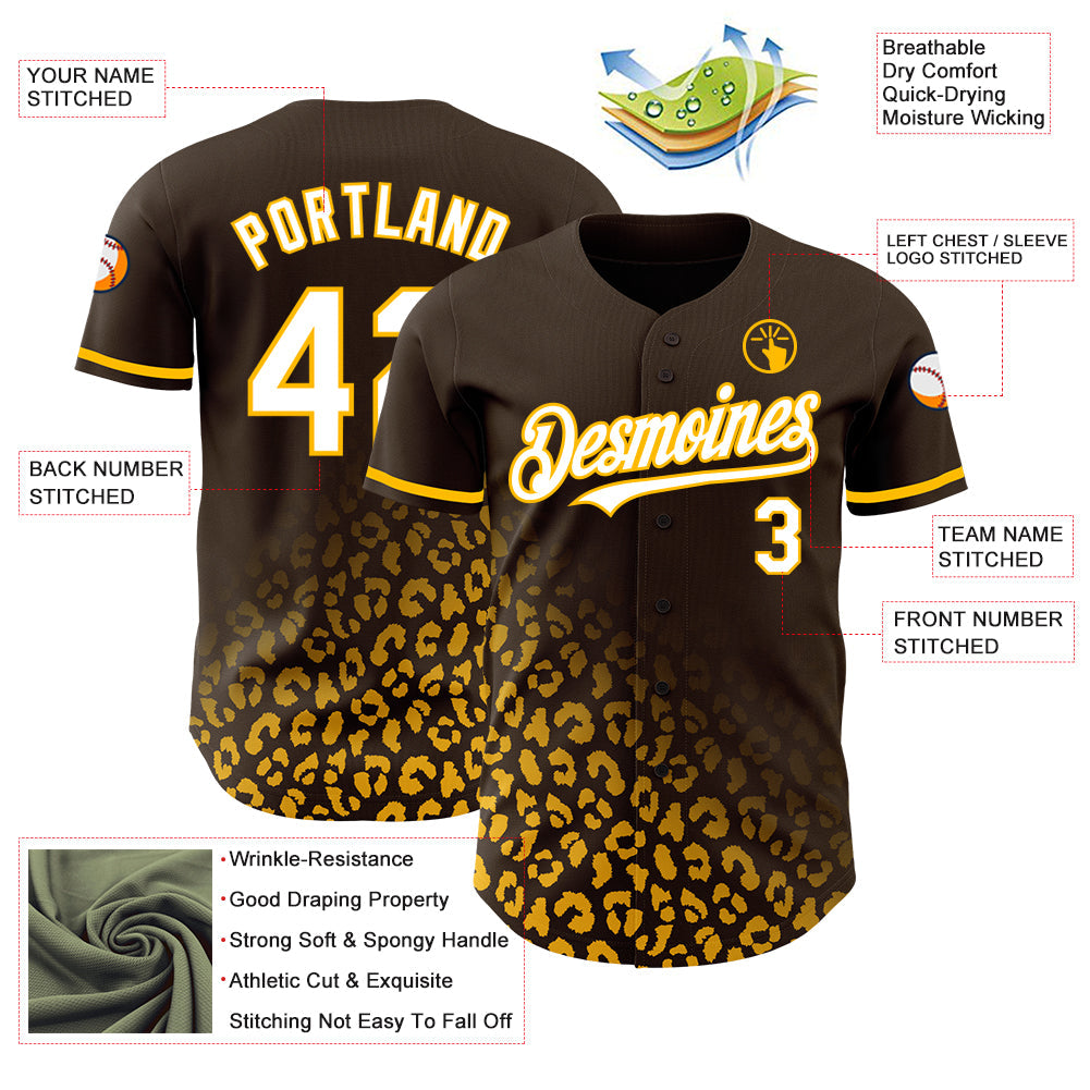 Custom Brown White-Gold 3D Pattern Design Leopard Print Fade Fashion Authentic Baseball Jersey - Sky-Custom