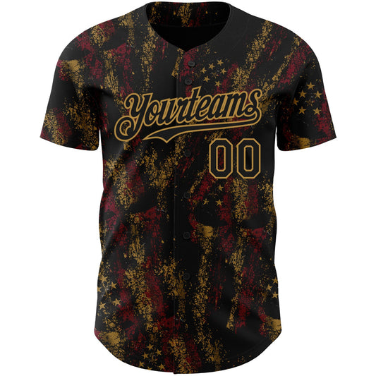 Custom Black Old Gold 3D American Flag Skull Patriotic Authentic Baseball Jersey - Sky-Custom