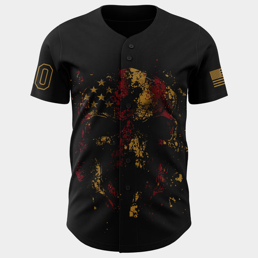 Custom Black Old Gold 3D American Flag Skull Patriotic Authentic Baseball Jersey - Sky-Custom