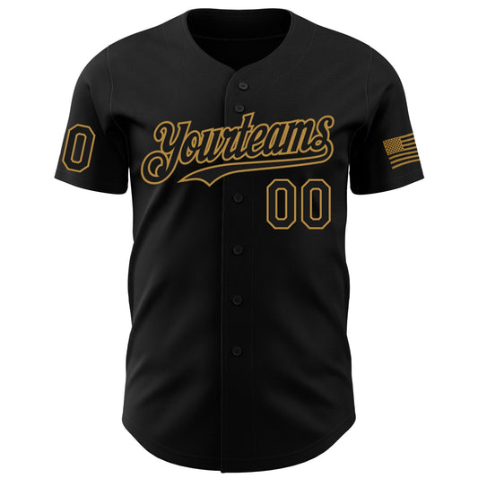 Custom Black Old Gold 3D American Flag Skull Patriotic Authentic Baseball Jersey - Sky-Custom