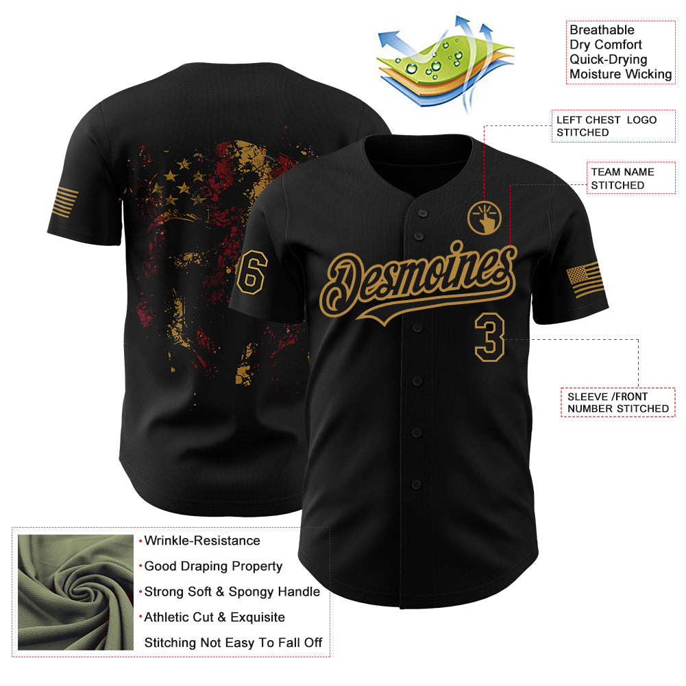Custom Black Old Gold 3D American Flag Skull Patriotic Authentic Baseball Jersey - Sky-Custom