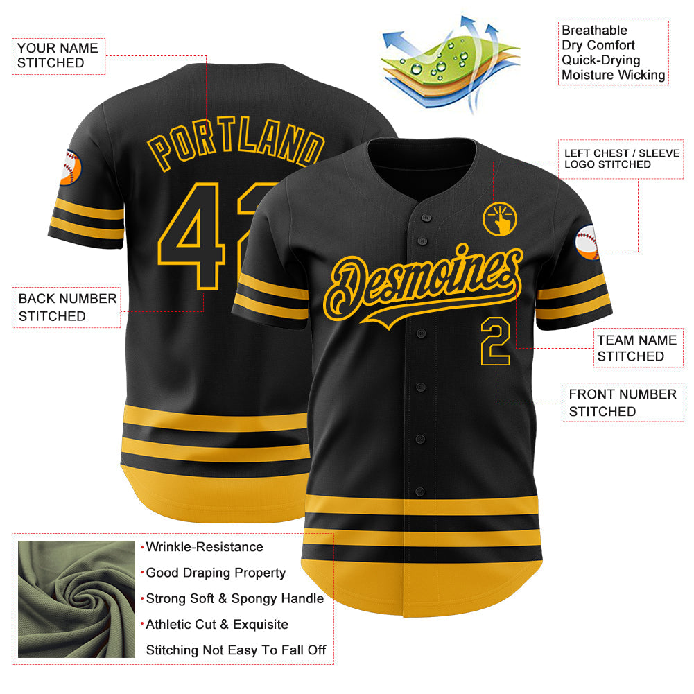 Custom Black Gold Line Authentic Baseball Jersey - Sky-Custom