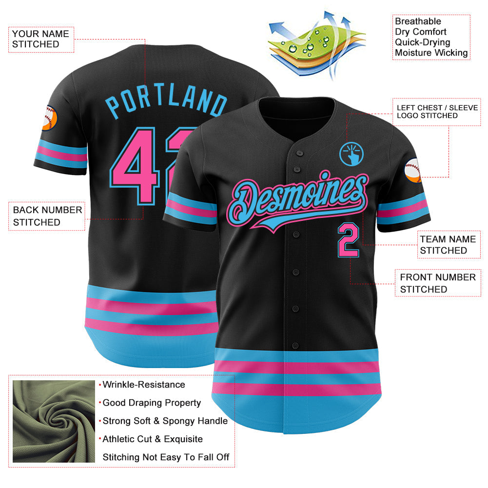 Custom Black Pink-Sky Blue Line Authentic Baseball Jersey - Sky-Custom