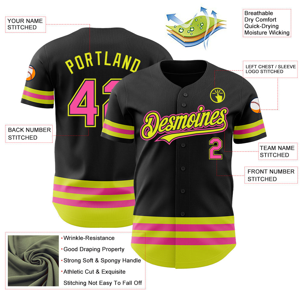 Custom Black Pink-Neon Yellow Line Authentic Baseball Jersey - Sky-Custom