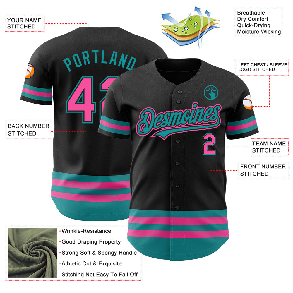 Custom Black Pink-Teal Line Authentic Baseball Jersey - Sky-Custom