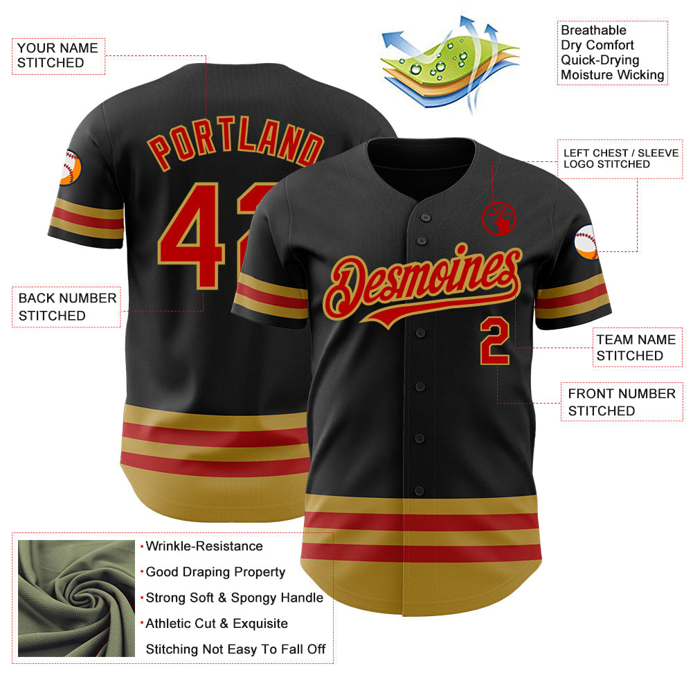 Custom Black Red-Old Gold Line Authentic Baseball Jersey - Sky-Custom