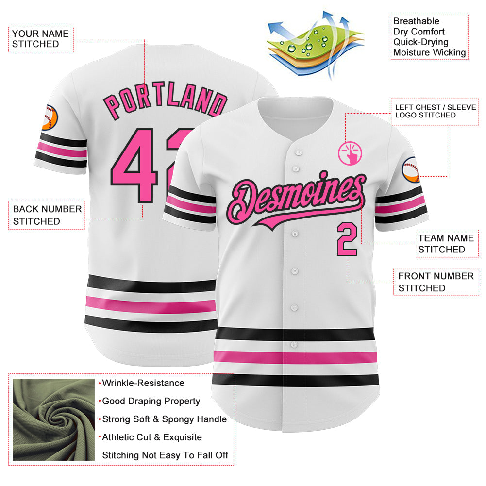 Custom White Pink-Black Line Authentic Baseball Jersey - Sky-Custom