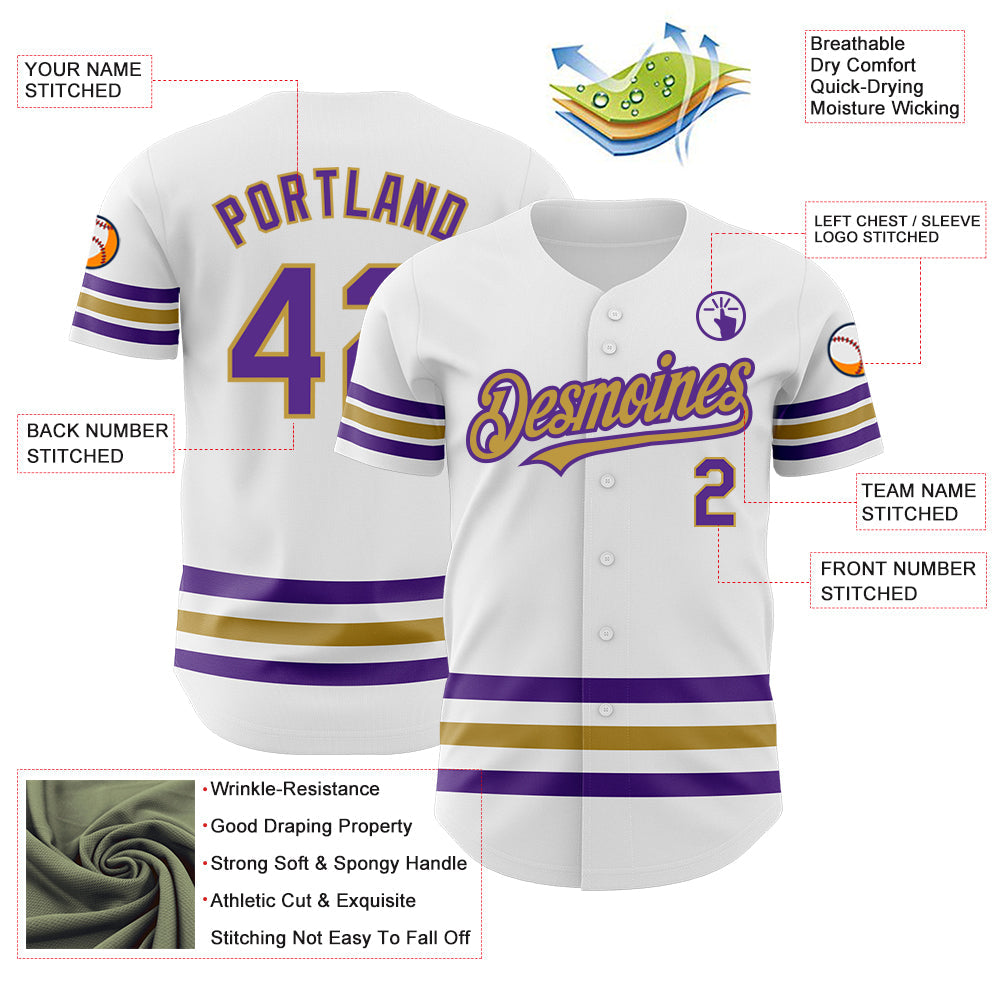 Custom White Purple-Old Gold Line Authentic Baseball Jersey - Sky-Custom