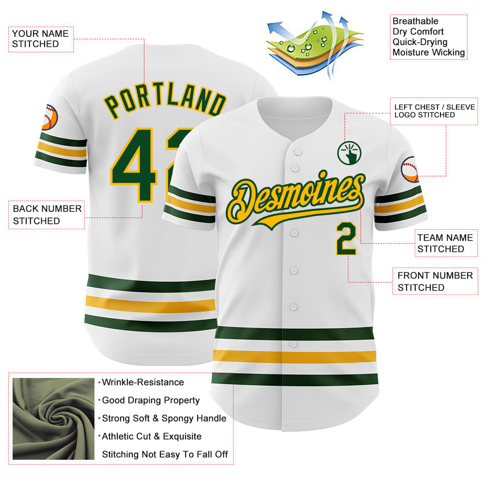 Custom White Green-Gold Line Authentic Baseball Jersey - Sky-Custom
