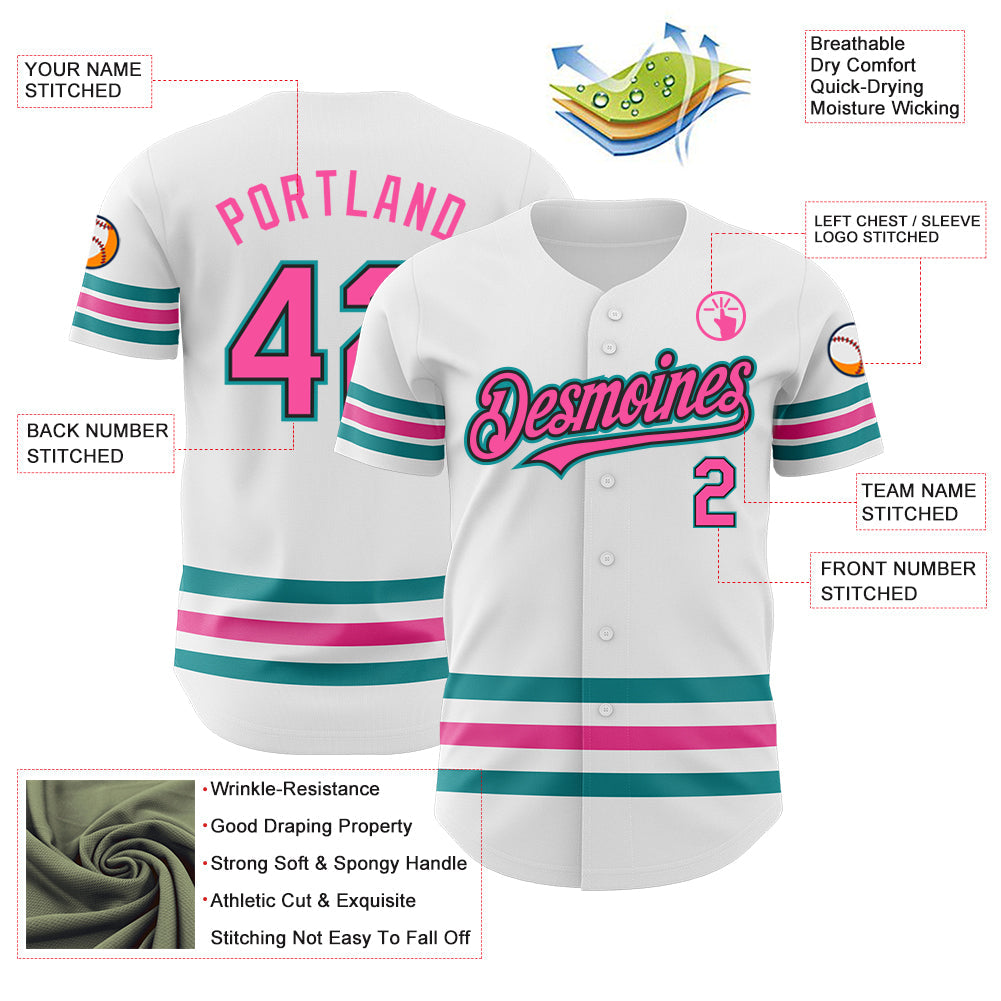 Custom White Pink Black-Teal Line Authentic Baseball Jersey - Sky-Custom