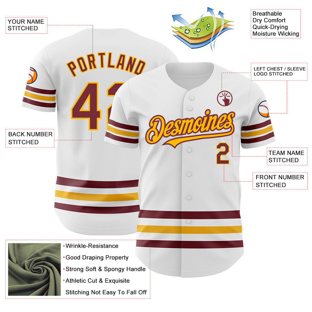 Custom White Burgundy-Gold Line Authentic Baseball Jersey - Sky-Custom
