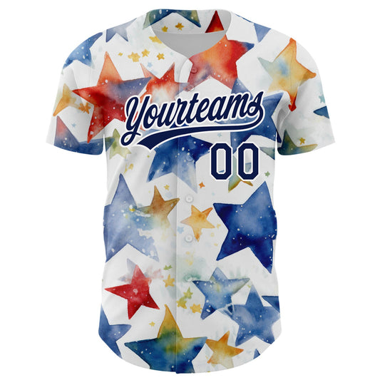 Custom White Navy-Red 3D Pattern Design Stars Authentic Baseball Jersey - Sky-Custom