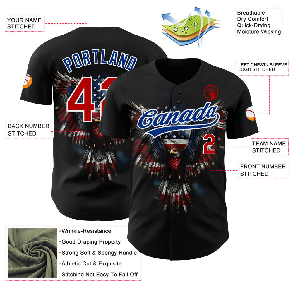 Custom Black Red-Royal 3D American Flag Eagle Patriotic Authentic Baseball Jersey - Sky-Custom
