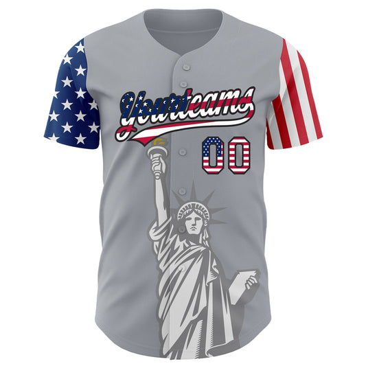 Custom Gray USA Flag-Black 3D American Flag Statue of Liberty Patriotic Authentic Baseball Jersey - Sky-Custom