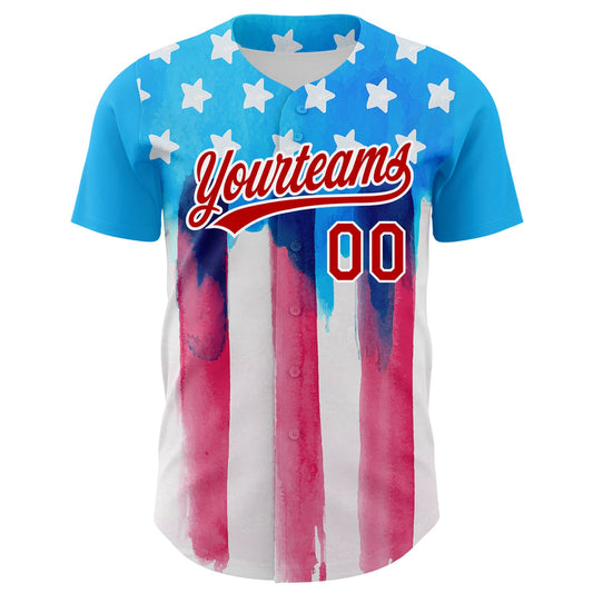 Custom Electric Blue Red-White 3D American Flag Patriotic Authentic Baseball Jersey - Sky-Custom