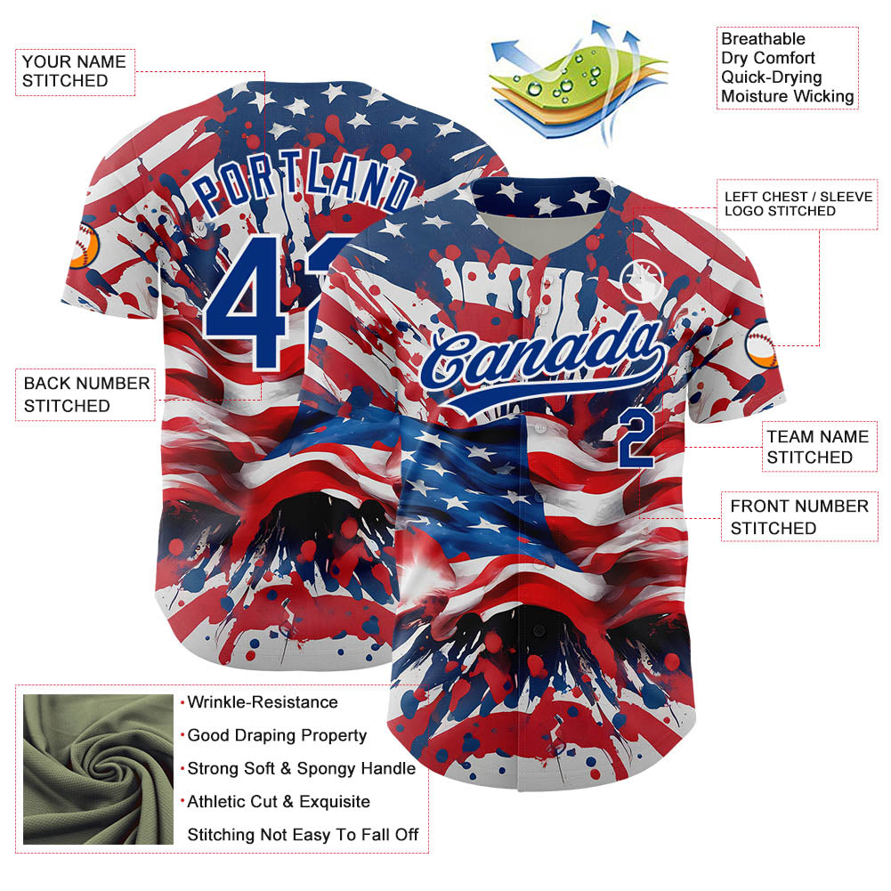 Custom Red Royal-White 3D American Flag Patriotic Authentic Baseball Jersey - Sky-Custom