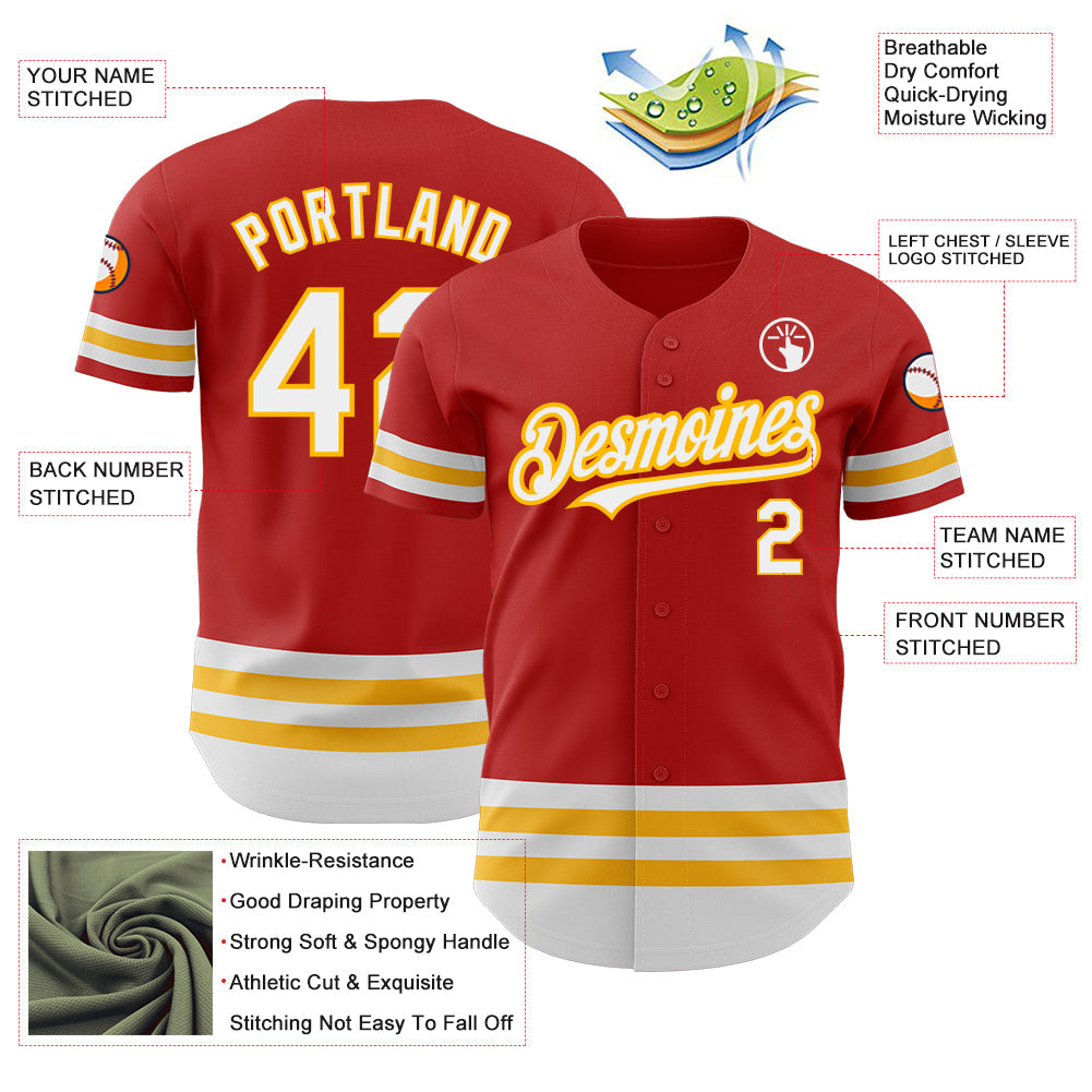 Custom Red White-Gold Line Authentic Baseball Jersey - Sky-Custom