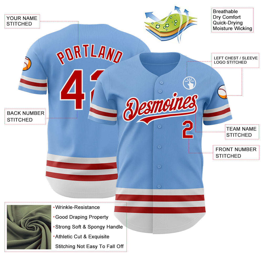 Custom Light Blue Red-White Line Authentic Baseball Jersey - Sky-Custom