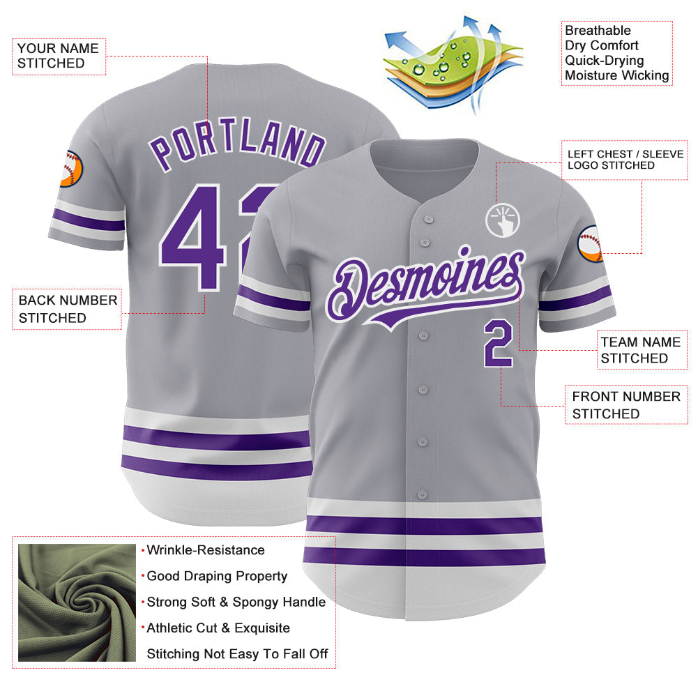 Custom Gray Purple-White Line Authentic Baseball Jersey - Sky-Custom