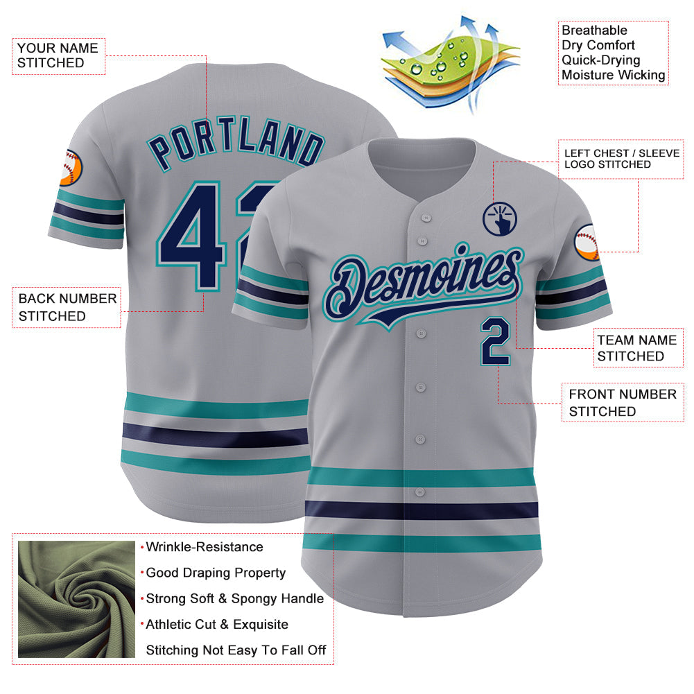 Custom Gray Navy Gray-Teal Line Authentic Baseball Jersey - Sky-Custom
