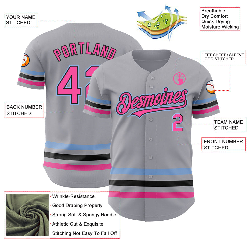 Custom Gray Pink Black-Light Blue Line Authentic Baseball Jersey - Sky-Custom
