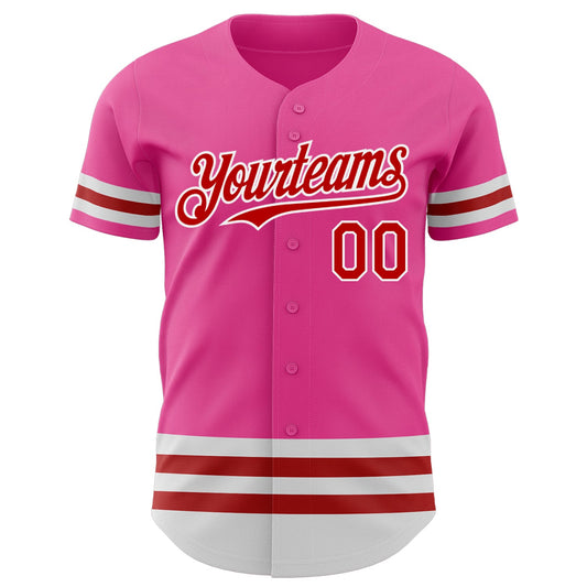 Custom Pink Red-White Line Authentic Baseball Jersey - Sky-Custom