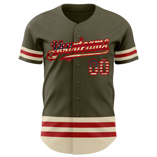 Custom Olive Vintage USA Flag Red-Cream Line Authentic Salute To Service Baseball Jersey - Sky-Custom