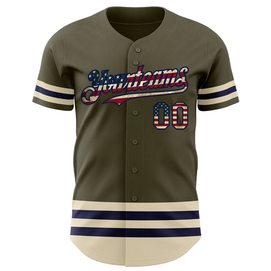 Custom Olive Vintage USA Flag Navy-Cream Line Authentic Salute To Service Baseball Jersey - Sky-Custom