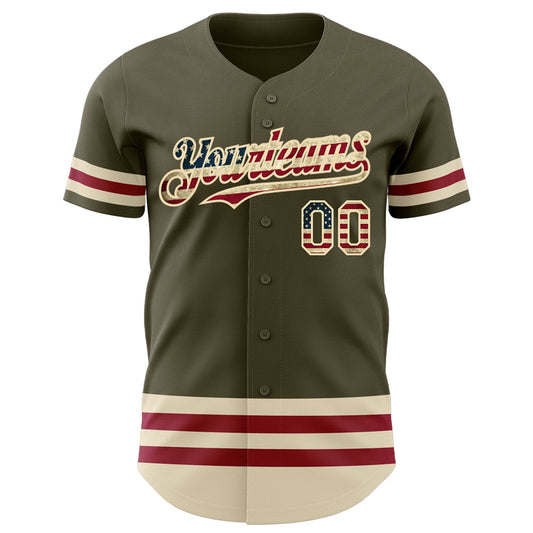 Custom Olive Vintage USA Flag Cream-Maroon Line Authentic Salute To Service Baseball Jersey - Sky-Custom
