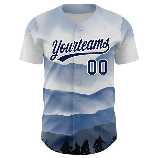 Custom White Navy 3D Pattern Design Watercolor Mountains Authentic Baseball Jersey - Sky-Custom