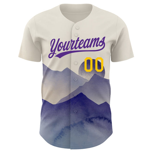 Custom Cream Yellow-Purple 3D Pattern Design Watercolor Mountains Authentic Baseball Jersey - Sky-Custom
