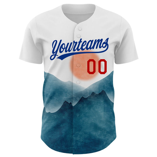 Custom White Red-Royal 3D Pattern Design Watercolor Mountains Authentic Baseball Jersey - Sky-Custom