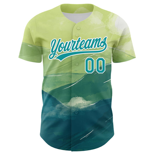 Custom Green Teal-White 3D Pattern Design Watercolor Mountains Authentic Baseball Jersey - Sky-Custom