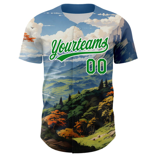 Custom White Grass Green 3D Pattern Design Mountains Landscape Authentic Baseball Jersey - Sky-Custom