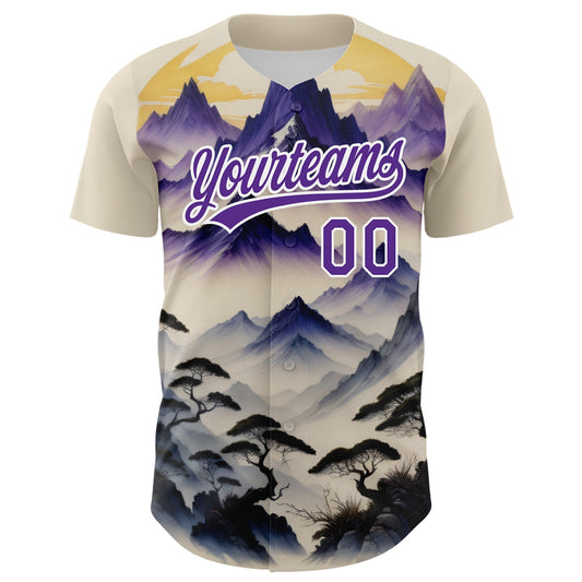 Custom White Purple 3D Pattern Design Mountains Landscape Authentic Baseball Jersey - Sky-Custom