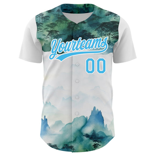 Custom White Sky Blue 3D Pattern Design Mountains Landscape Authentic Baseball Jersey - Sky-Custom